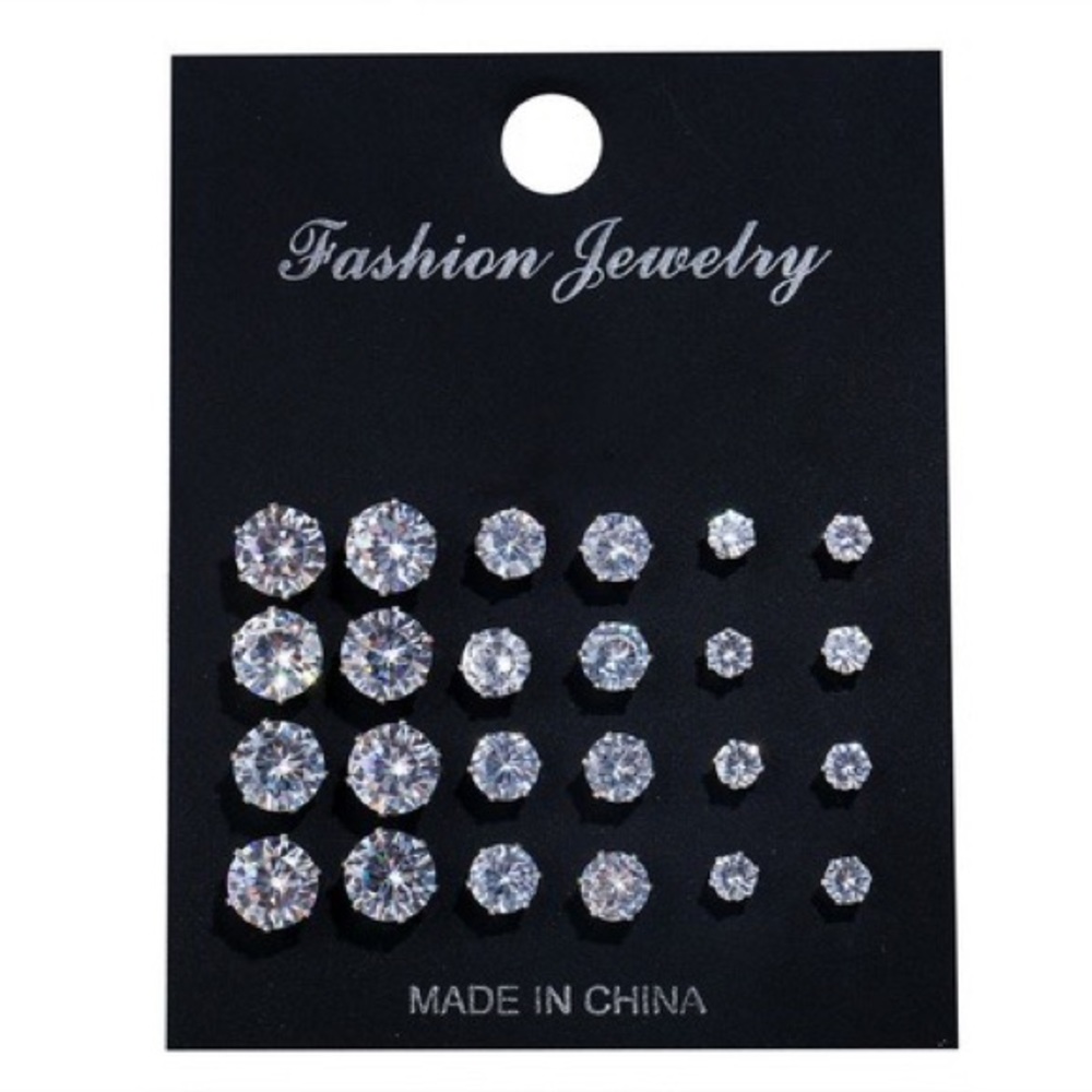 12 Pairs of Round Rhinestone Stud Earrings - Picture 5 of 6